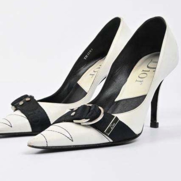 Dior Shoes 36 Logo Pumps Pointed High Heels White Silver Studs Charms Spellout - Picture 1 of 10